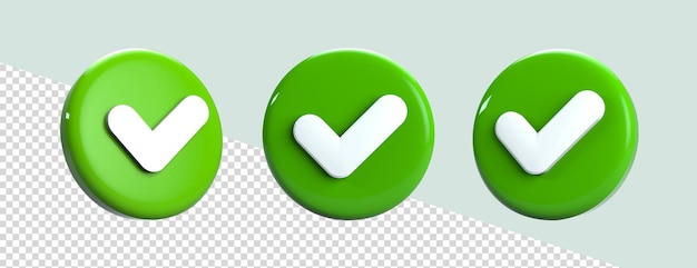 PSD icono de marca de verificación en los botones redondos, signo verde o marca de ángulo diferente, representación 3d