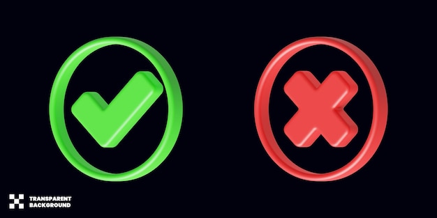 Icono de marca de verificación y marca cruzada 3D