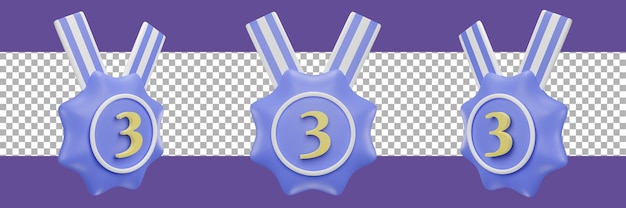 PSD icono de medalla número 3 en diferentes vistas. representación 3d