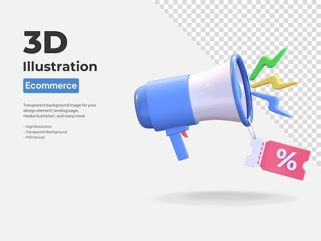 Icono de megáfono de notificación de precio de descuento ilustración de renderizado 3d