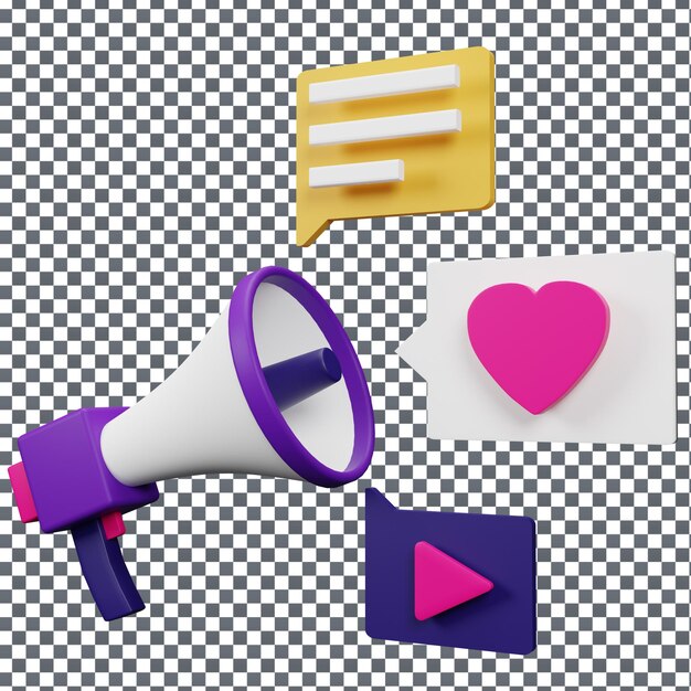 Icono de megáfono PSD 3D en fondo aislado y transparente