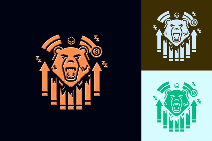 PSD ícono del mercado del oso con un contorno de oso gruñido y diseños de íconos minimalistas abstractos y agresivos