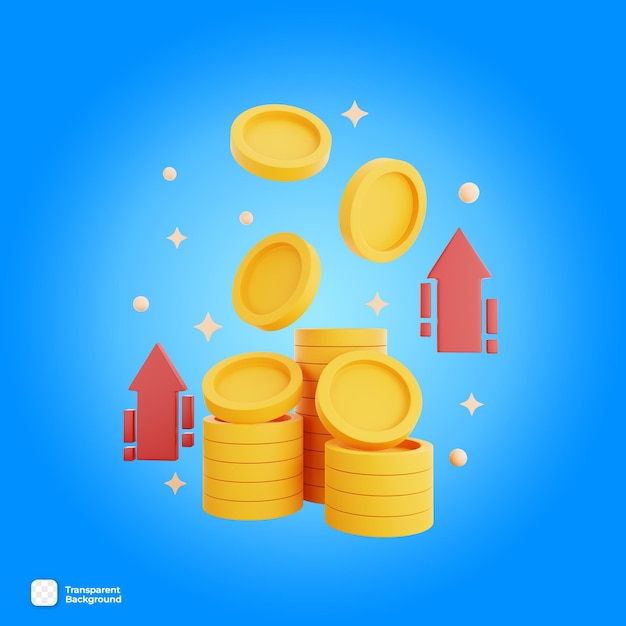 Icono de moneda 3D con flecha hacia arriba aislada en el fondo transparente