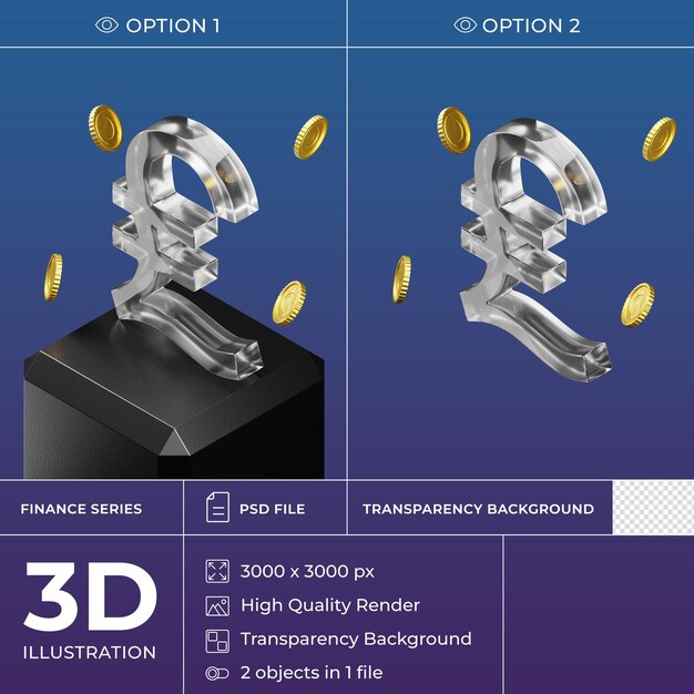 PSD icono de moneda 3d de vidrio isométrico aislado en soporte negro. símbolo de la lira