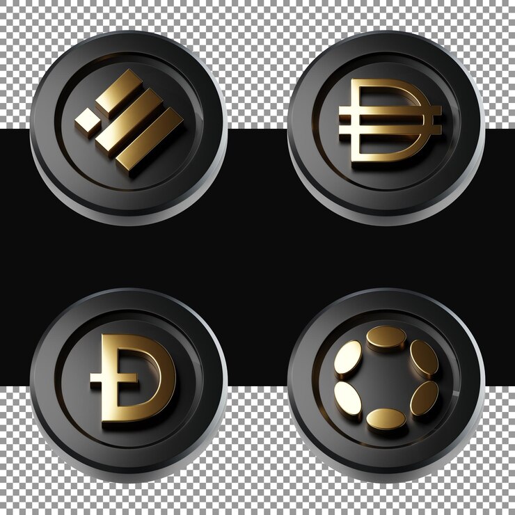 El icono de la moneda criptográfica PSD busd dai doge punto 3d muestra la vista inferior