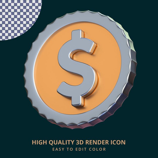 Icono de moneda de dólar 3d rindió concepto aislado con efecto metálico plateado y dorado rosa brillante