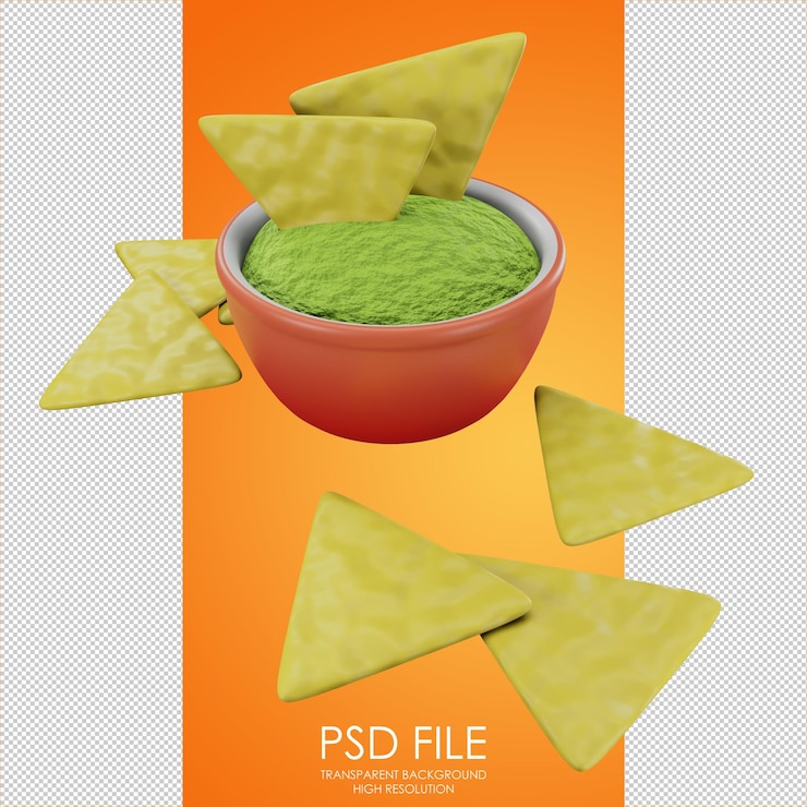 PSD ícono de nachos chips de maíz con ícono de guacamole salsa de aguacate verde picante comida mexicana comida latinoamericana comida rápida ícono de diseño de página de aterrizaje representación 3d ilustración