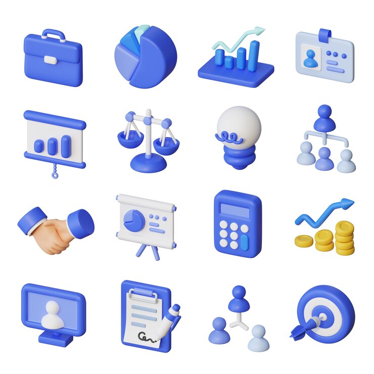 PSD el icono de negocios 3d establece un estilo de dibujos animados azul simple