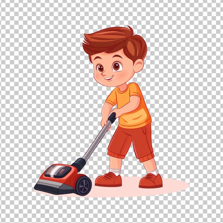 PSD icono de niño usando la aspiradora caricatura de niño en fondo transparente