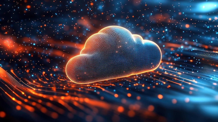 PSD un icono de nube brillante en un fondo de red digital
