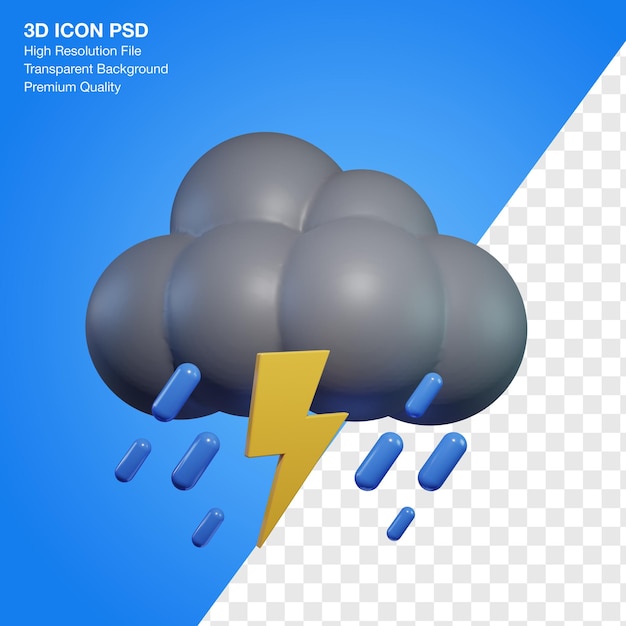 Icono de objeto 3d para el clima con lluvia intensa e ilustración de condiciones de truenos