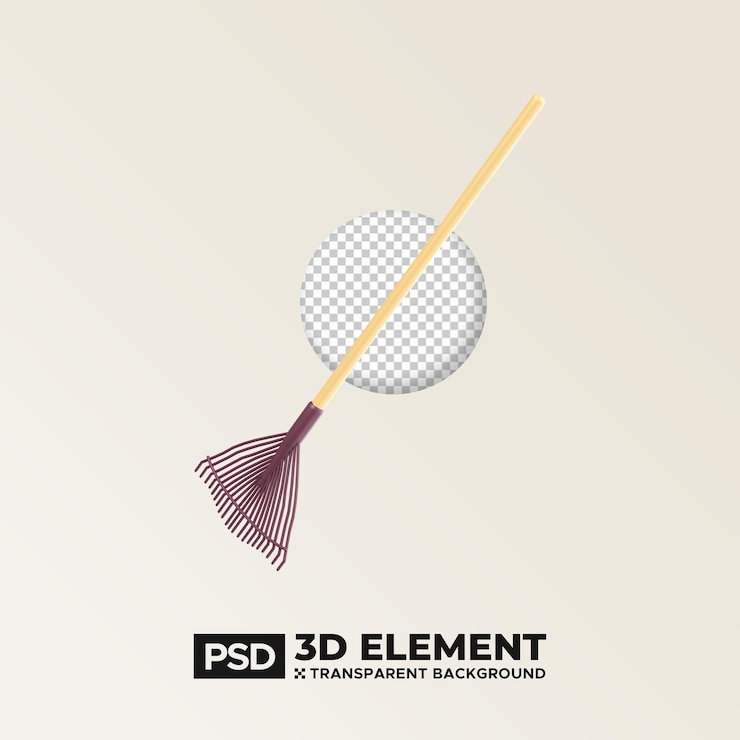 PSD icono de objeto 3d de rastrillo o rastrillo ilustración de herramientas de rastrillo de jardinería aislada en fondo extraíble
