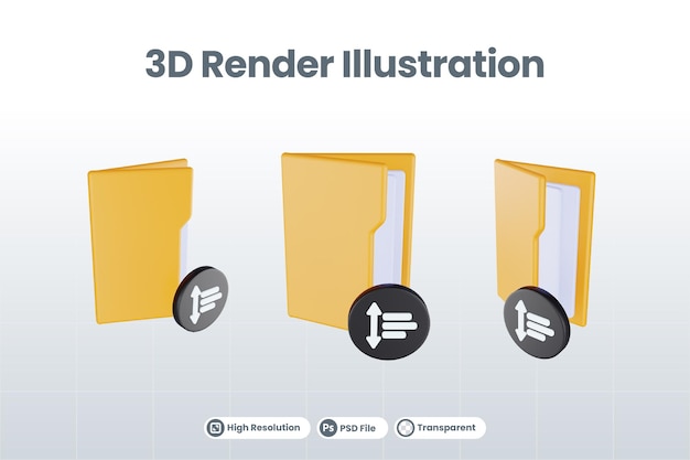 PSD icono de ordenación de carpeta de representación 3d con carpeta de archivos naranja y ordenación negra