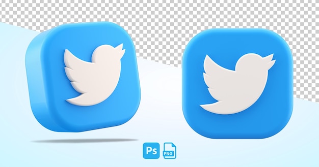 El icono de pájaro del logotipo de Twitter aislado recorta el símbolo azul del objeto sobre fondo transparente en la representación 3D