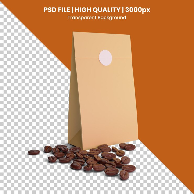 PSD icono de paquete de café 3d con granos de café salpicados