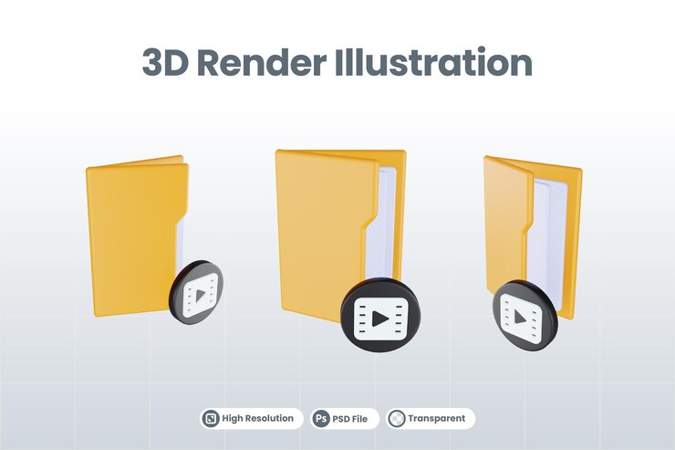 PSD icono de película de carpeta de procesamiento 3d con carpeta de archivo naranja y película negra