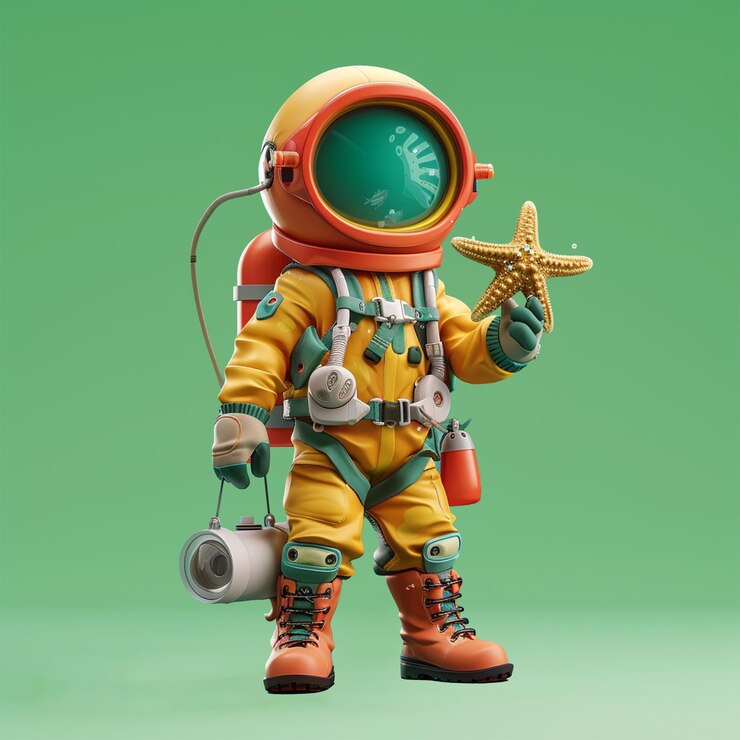 PSD icono de personaje 3d de un biólogo marino de cuerpo entero con equipo de buceo y sosteniendo una estrella de mar