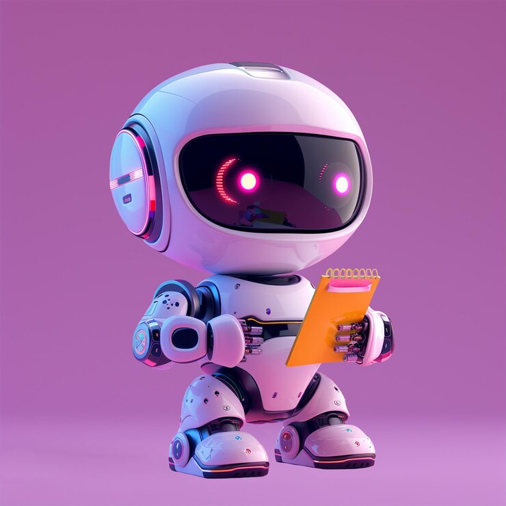 PSD icono de personaje 3d de una computadora pc de cuerpo completo con brazos y piernas robóticas sosteniendo un bloc de notas alegre