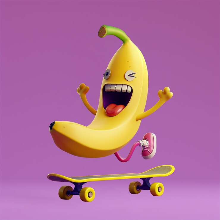 PSD icono de personaje 3d de cuerpo completo de un plátano montando una patineta