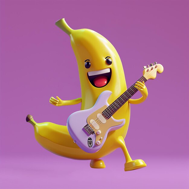 icono de personaje 3D de cuerpo completo de un plátano tocando la guitarra