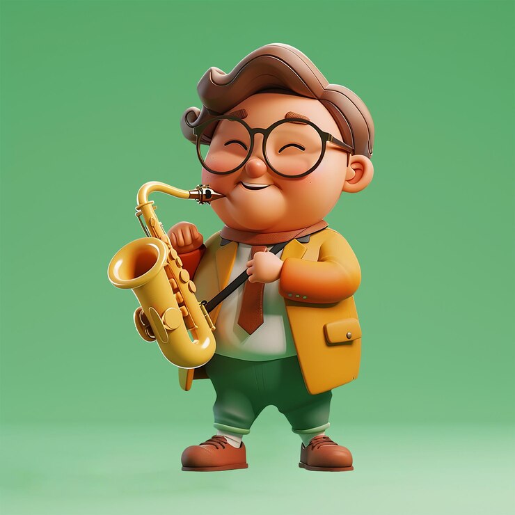 PSD icono de personaje 3d de un personaje de cuerpo entero tocando un saxofón celebrando el día mundial de la música