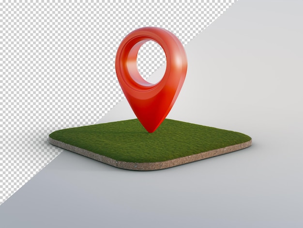 Icono de pin de ubicación en la tierra y hierba verde en venta de bienes raíces o concepto de inversión inmobiliaria Ilustración 3D del gran símbolo de puntero de mapa rojo