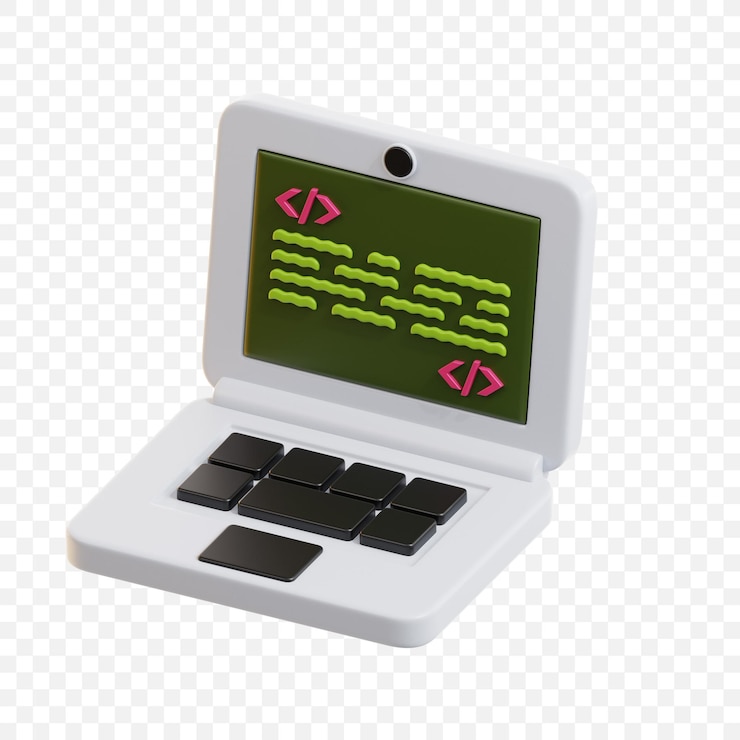 PSD icono de portátil 3d con código para el desarrollo de software de programación y visuales de tecnología informática