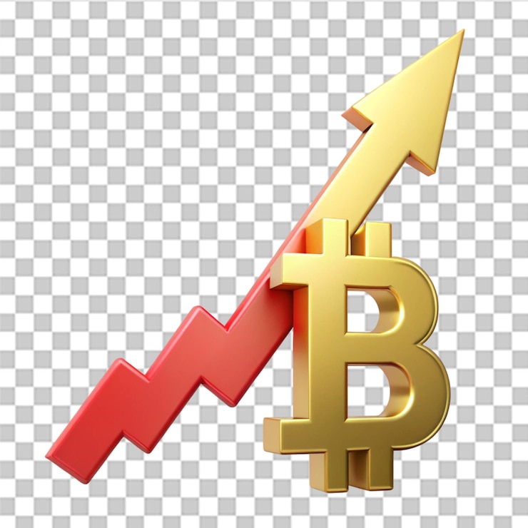 PSD el icono del precio de bitcoin se disparó en el cielo, el símbolo de la criptomoneda aislado en un fondo transparente