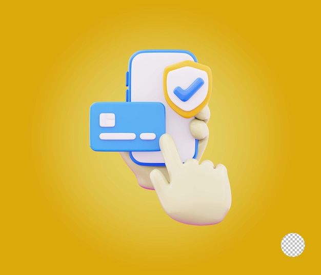 Icono de protección de transacciones de pago sin efectivo para compras en línea con teléfono inteligente en la mano