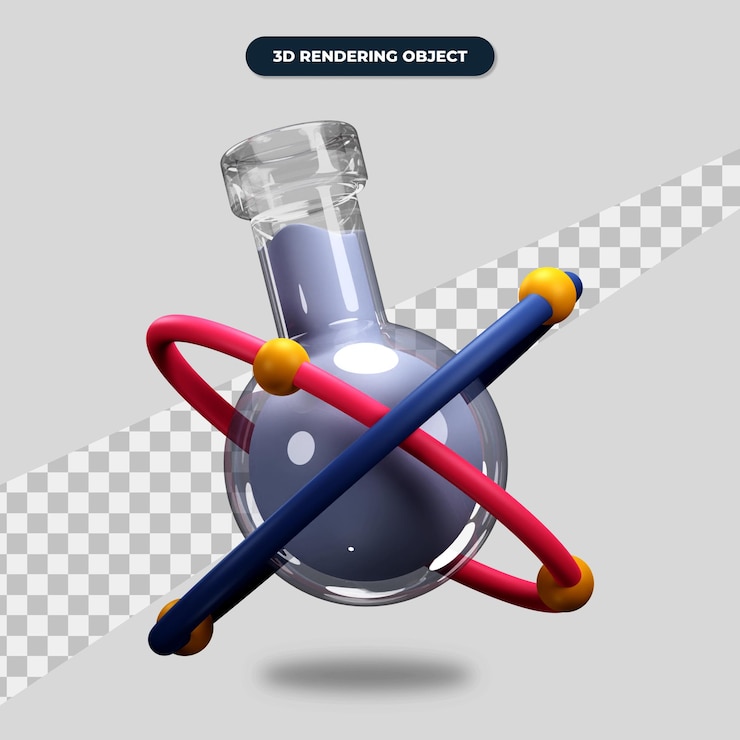 PSD icono de química de renderizado 3d, matraz con símbolo de átomo