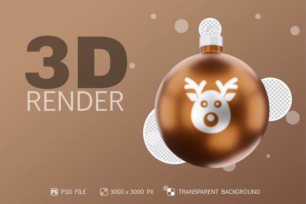 PSD icono de raindeer en render 3d de bola de navidad realista con fondo aislado marrón metálico