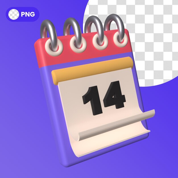 Icono de recordatorio de horario de calendario PSD aislado render 3d número catorce