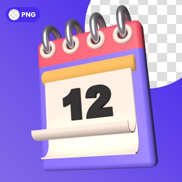 Icono de recordatorio de horario de calendario PSD aislado render 3d número doce