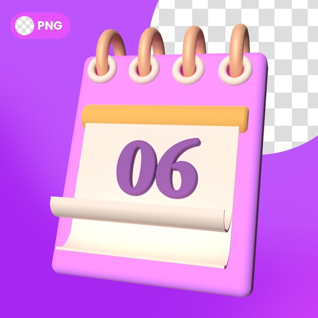 Icono de recordatorio de programación de calendario PSD aislado 3d renderizado número seis