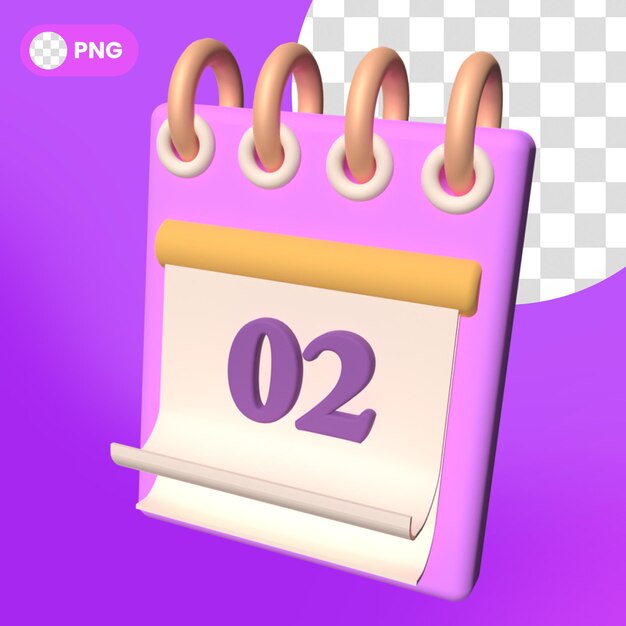 Icono de recordatorio de programación de calendario PSD aislado render 3d número dos