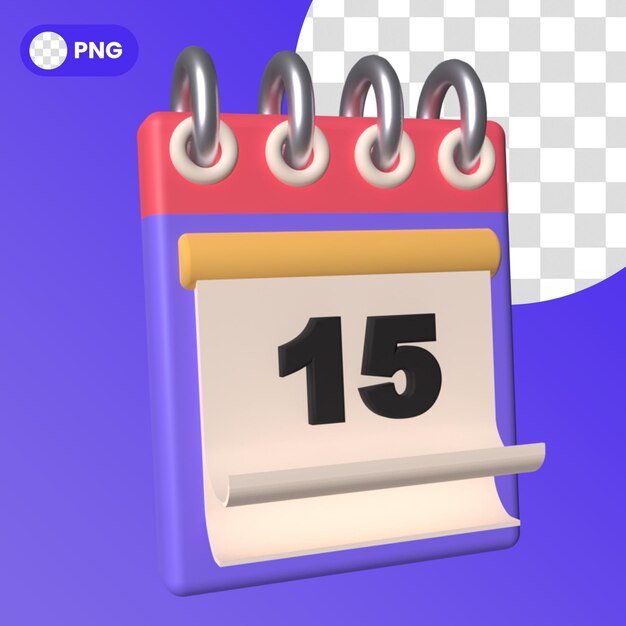 Icono de recordatorio de programación de calendario psd aislado render 3d número quince