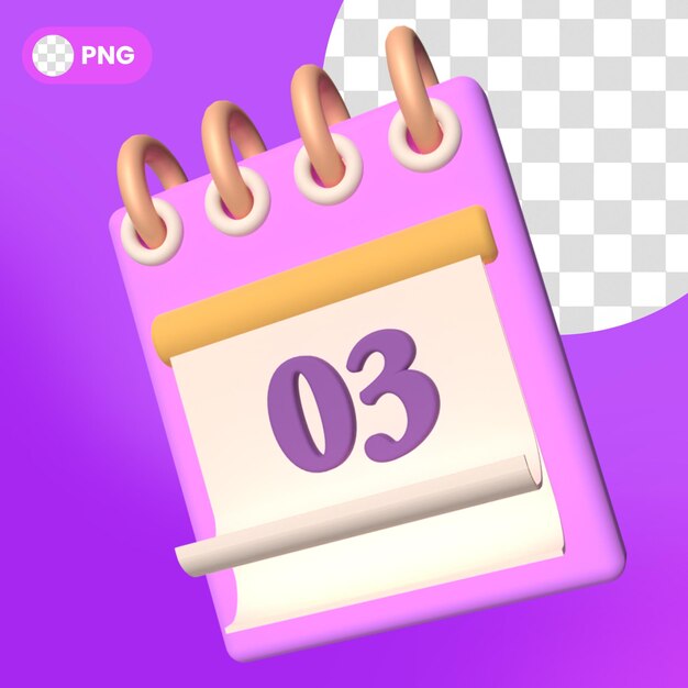 PSD icono de recordatorio de programación de calendario psd aislado render 3d número tres