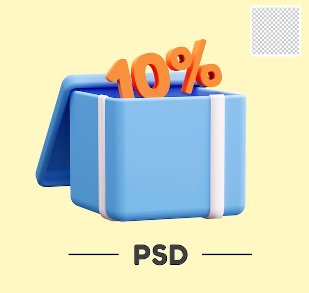 icono de regalo 3d azul abierto con un diez por ciento de descuento en color naranja sobre un fondo transparente