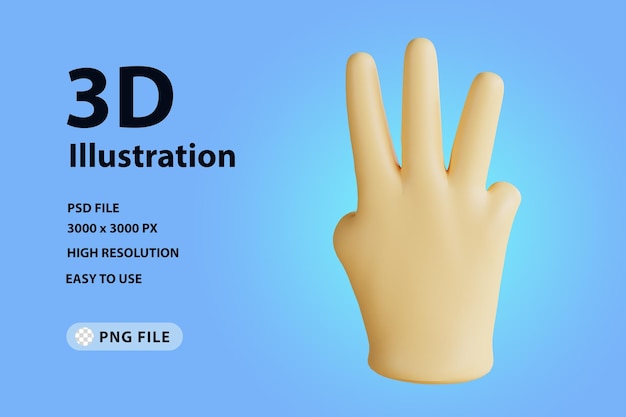 Icono de render 3D contando las manos número tres
