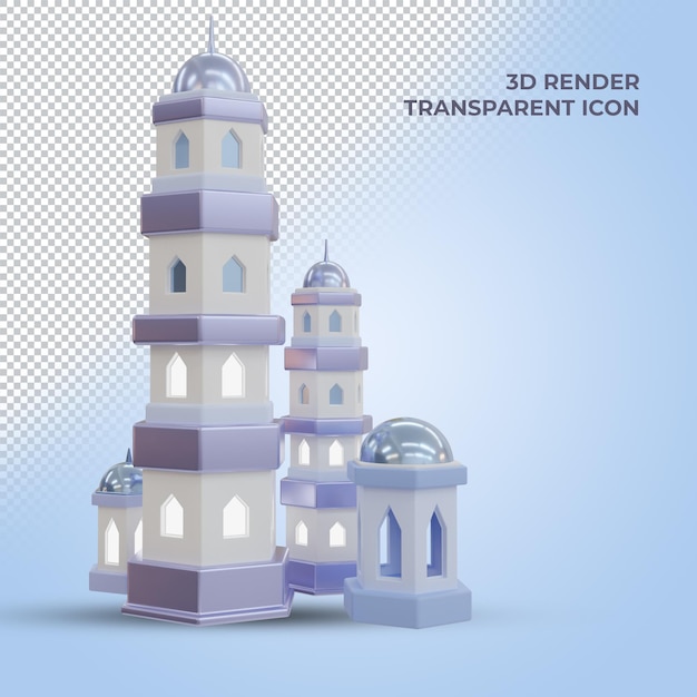 Icono de render 3d de la mezquita islámica con vistas laterales de fondo transparente