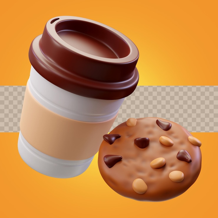 PSD icono de renderización 3d de una deliciosa taza de café y galletas de chocolate