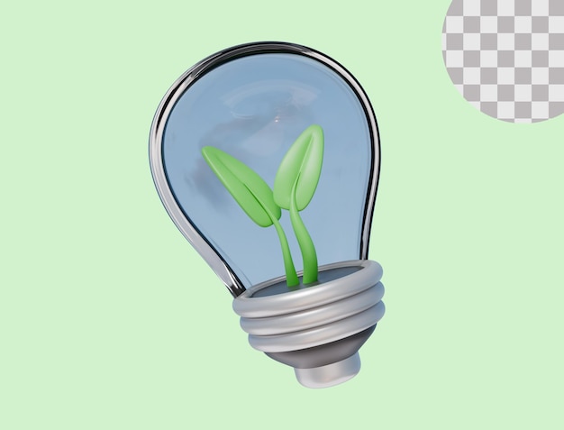 Icono de renderizado 3D de bombilla LED con plantas Ecología Energía verde Concepto de medio ambiente Ilustración 3D