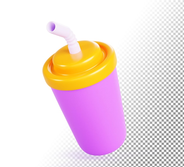 Icono de renderizado 3D de taza de plástico con paja para bebidas jugo de refresco café o té Maqueta de taza cerrada de color aislada con tapa para bebidas frescas Elemento gráfico de dibujos animados para el diseño de menú
