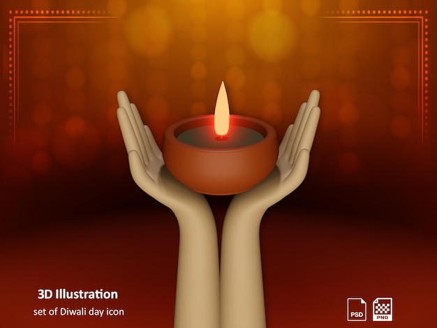 PSD icono de renderizado de ilustración 3d de vela de día de diwali