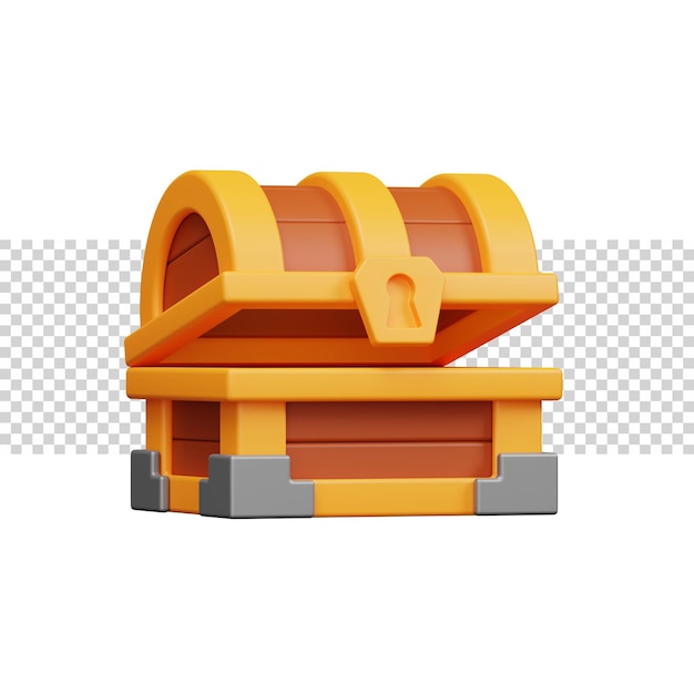 Icono de representación 3d del cofre del tesoro abierto de madera dorada para sitio web o juego. Cofre clásico de madera dorada
