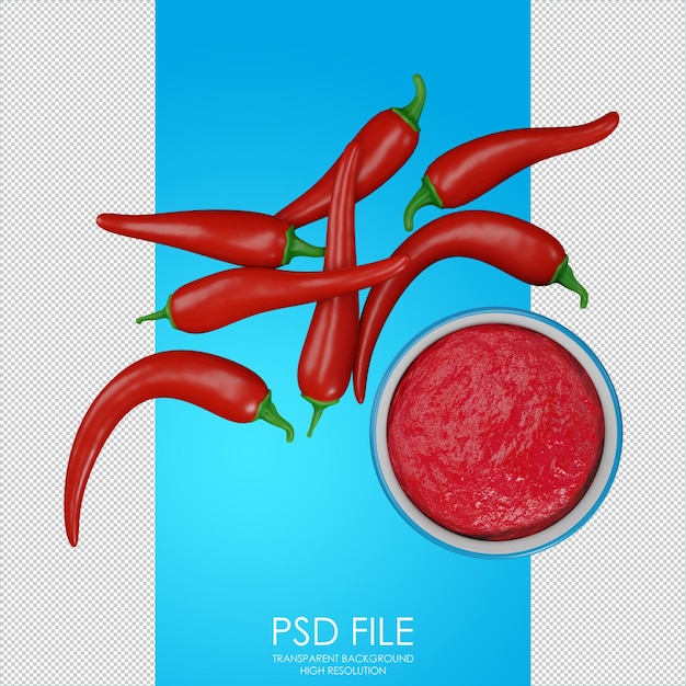 PSD icono de salsa roja pimientos rojos alrededor del plato de salsa salsa picante de pimiento rojo comida mexicana comida latinoamericana icono de comida rápida para el diseño de la página de aterrizaje 3d render 3d ilustración