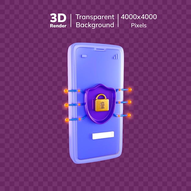 Icono de seguridad móvil 3D con bloqueo y escudo para la protección de datos en un fondo transparente