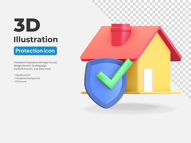 Icono de seguro de casa asegurado con escudo y marca de verificación ilustración de render 3d