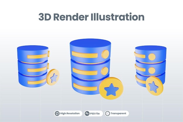 PSD icono de servidor de base de datos de procesamiento 3d con icono de estrella aislado