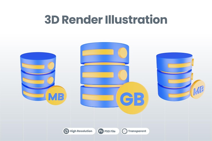 PSD icono de servidor de base de datos de procesamiento 3d con icono de gigabyte aislado